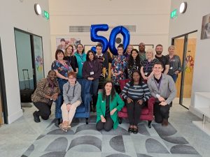 KPG staff celebrating their 50th anniversary at their first FeelGood50 Wellbeing day for staff and volunteers.